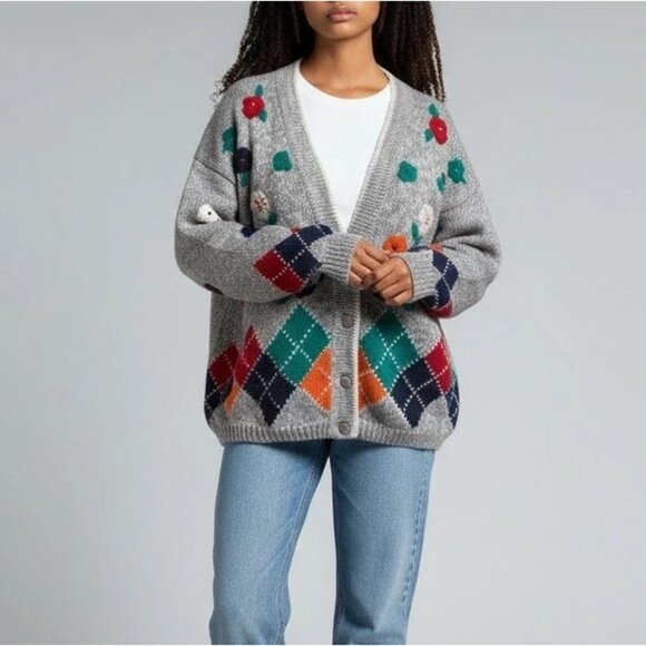 Vtg Cardigan Sweater Women L Floral Yarn Embroidery Argyle Chunky 90s Y2K Preppy - Picture 1 of 11